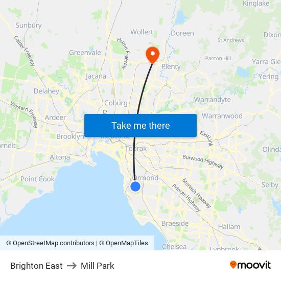 Brighton East to Mill Park map