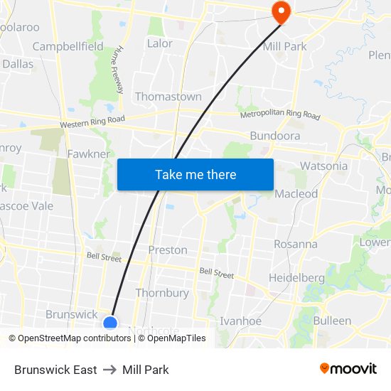 Brunswick East to Mill Park map