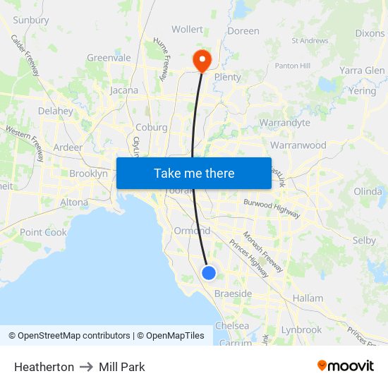 Heatherton to Mill Park map