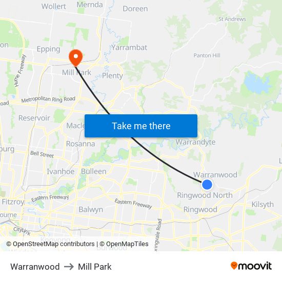 Warranwood to Mill Park map