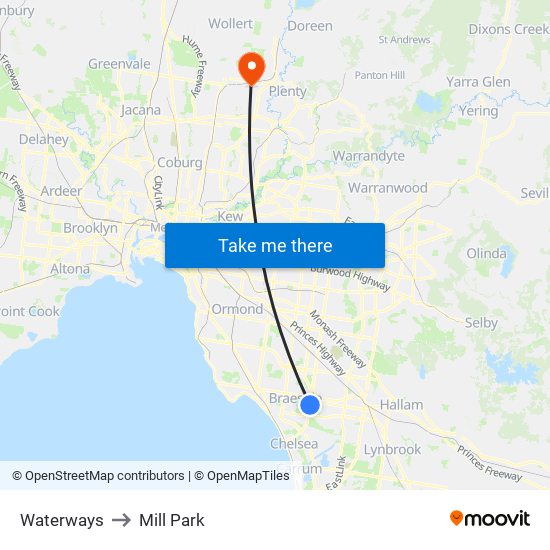 Waterways to Mill Park map