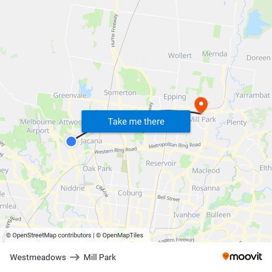 Westmeadows to Mill Park map