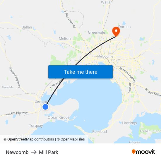 Newcomb to Mill Park map