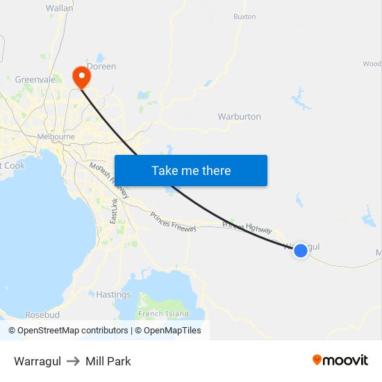 Warragul to Mill Park map