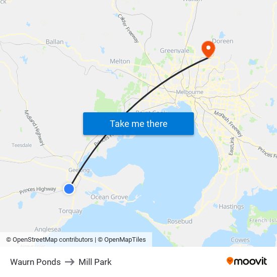 Waurn Ponds to Mill Park map