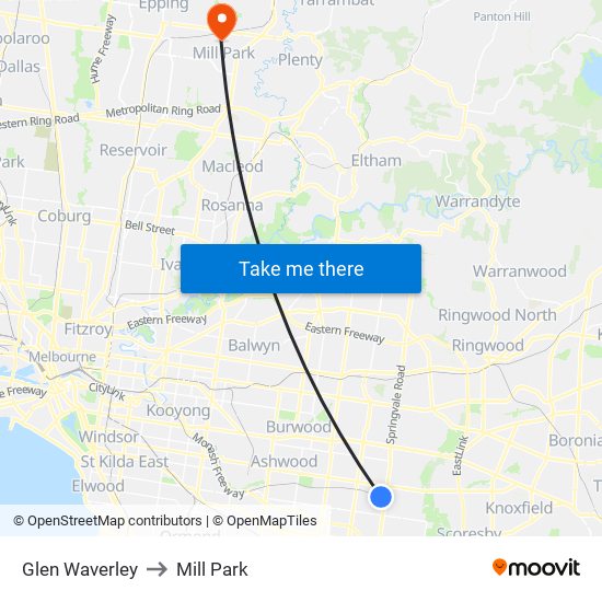 Glen Waverley to Mill Park map