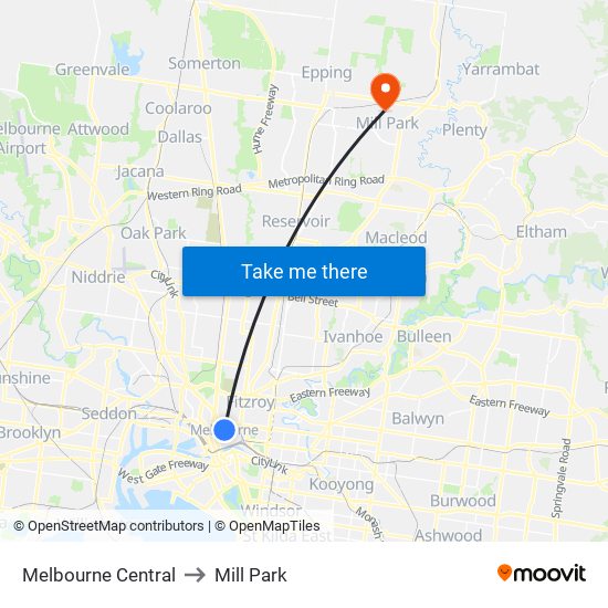 Melbourne Central to Mill Park map