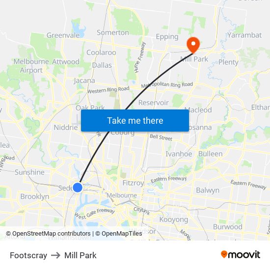 Footscray to Mill Park map