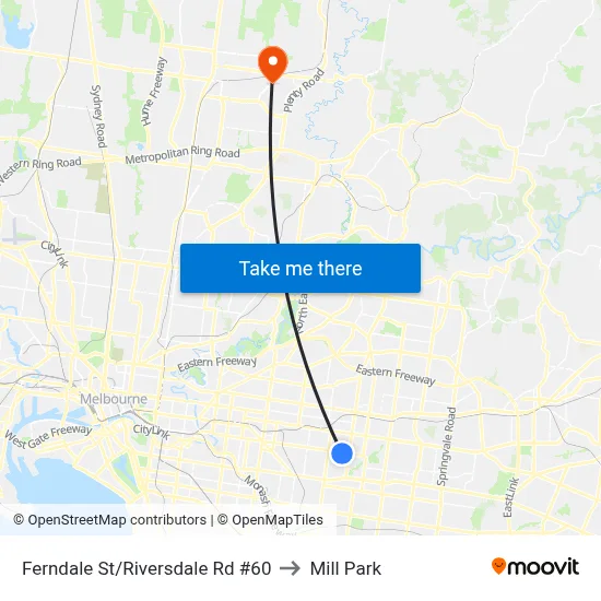 Ferndale St/Riversdale Rd #60 to Mill Park map