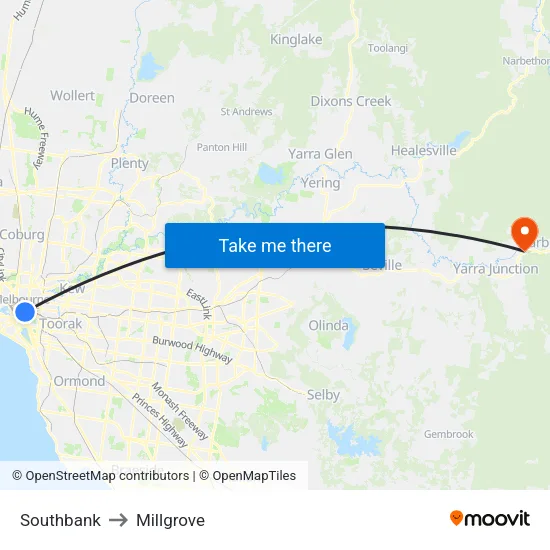 Southbank to Millgrove map