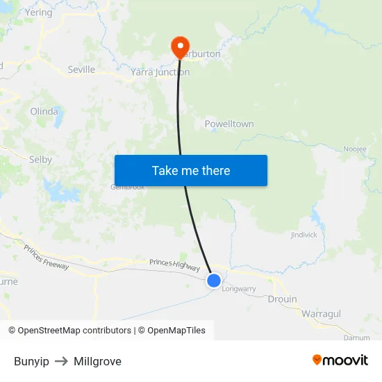 Bunyip to Millgrove map