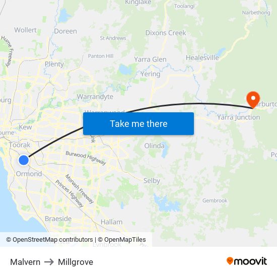 Malvern to Millgrove map