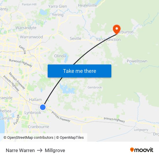 Narre Warren to Millgrove map