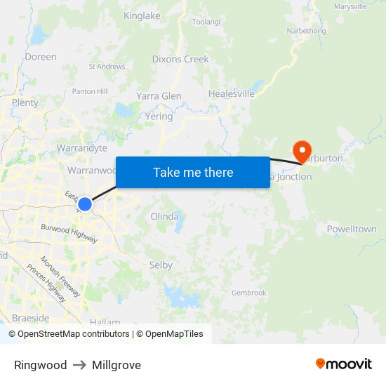 Ringwood to Millgrove map