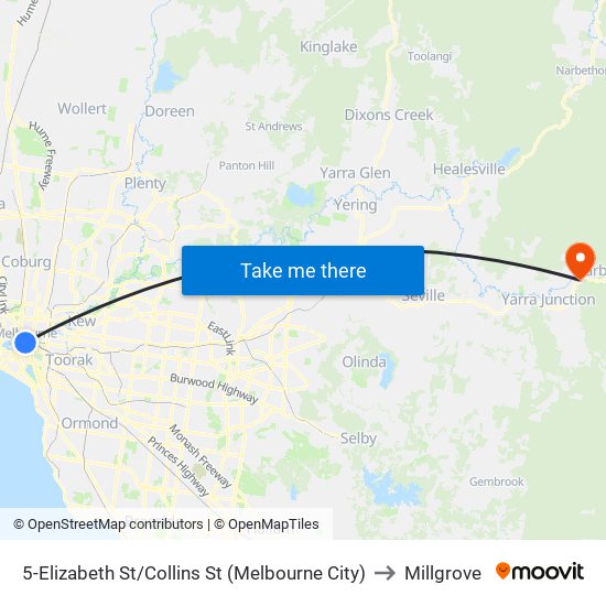5-Elizabeth St/Collins St (Melbourne City) to Millgrove map