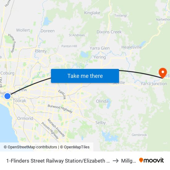 1-Flinders Street Railway Station/Elizabeth St (Melbourne City) to Millgrove map