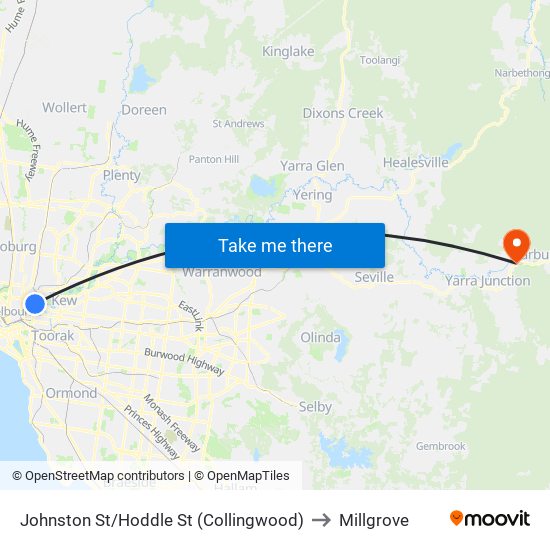 Johnston St/Hoddle St (Collingwood) to Millgrove map