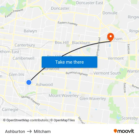 Ashburton to Mitcham map