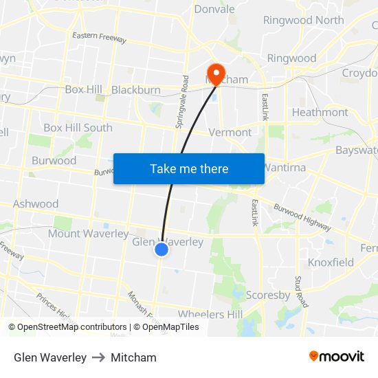 Glen Waverley to Mitcham map