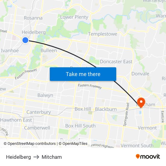 Heidelberg to Mitcham map