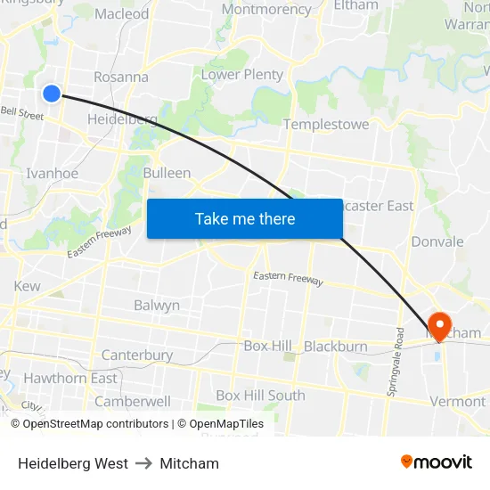 Heidelberg West to Mitcham map