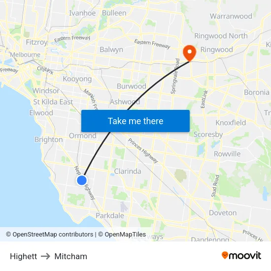 Highett to Mitcham map