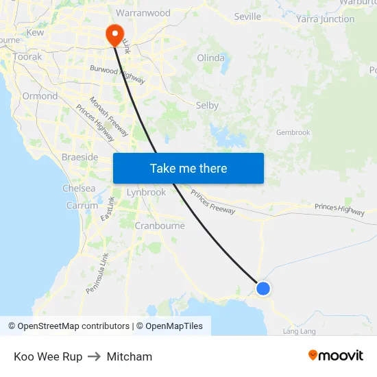 Koo Wee Rup to Mitcham map