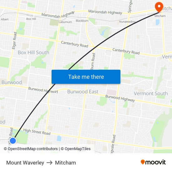 Mount Waverley to Mitcham map