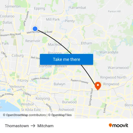 Thomastown to Mitcham map
