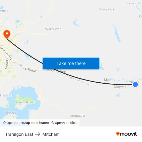 Traralgon East to Mitcham map
