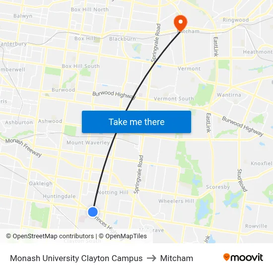 Monash University Clayton Campus to Mitcham map