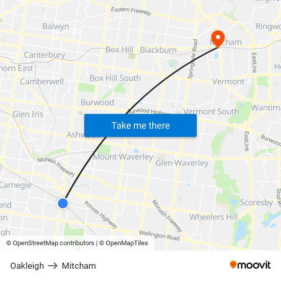 Oakleigh to Mitcham map