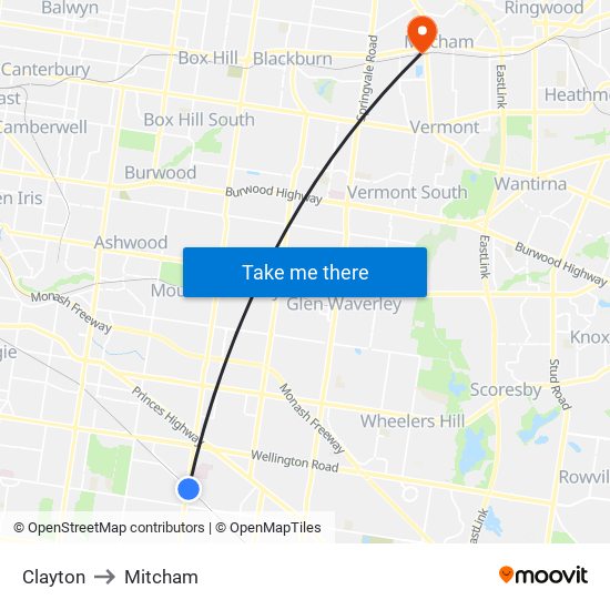 Clayton to Mitcham map