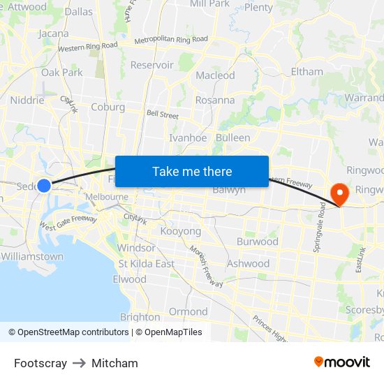 Footscray to Mitcham map