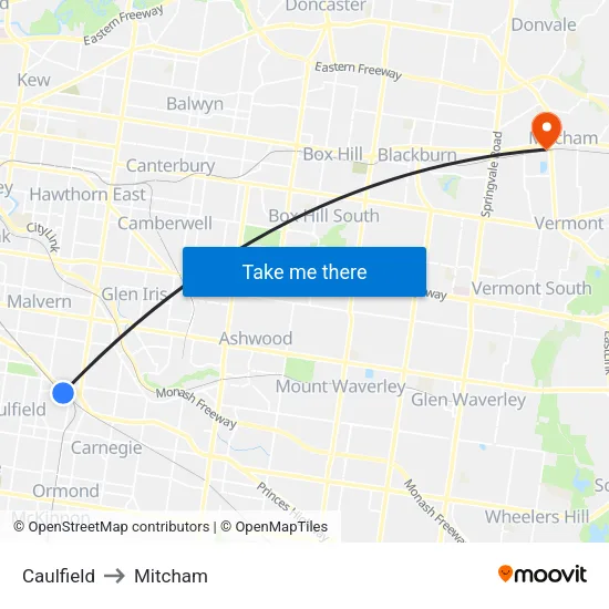 Caulfield to Mitcham map