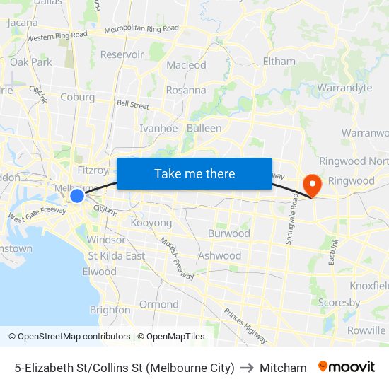 5-Elizabeth St/Collins St (Melbourne City) to Mitcham map
