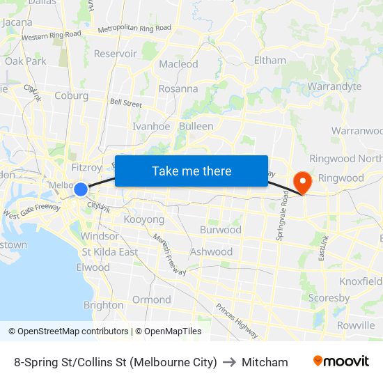 8-Spring St/Collins St (Melbourne City) to Mitcham map