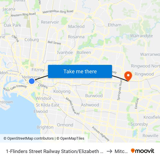 1-Flinders Street Railway Station/Elizabeth St (Melbourne City) to Mitcham map