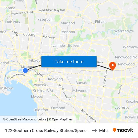 122-Southern Cross Railway Station/Spencer St (Melbourne City) to Mitcham map