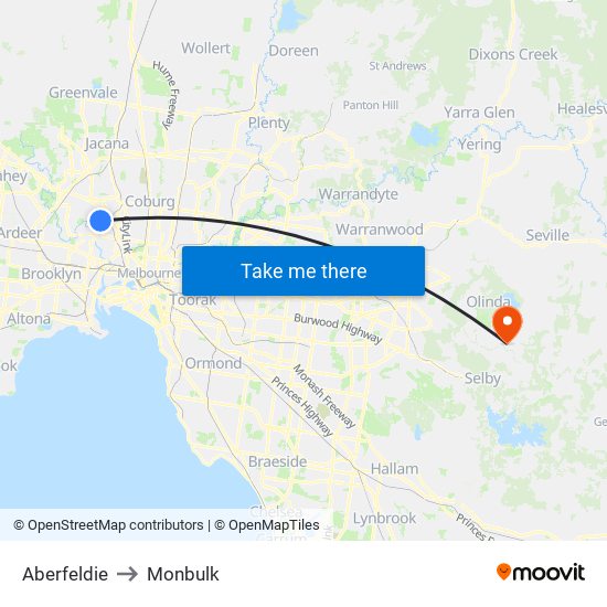 Aberfeldie to Monbulk map