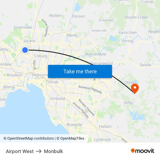 Airport West to Monbulk map