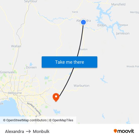 Alexandra to Monbulk map