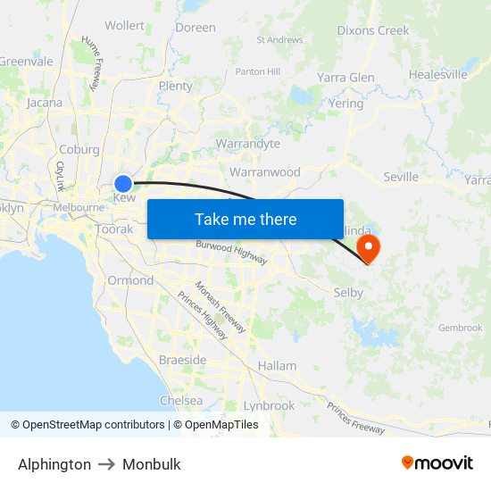 Alphington to Monbulk map