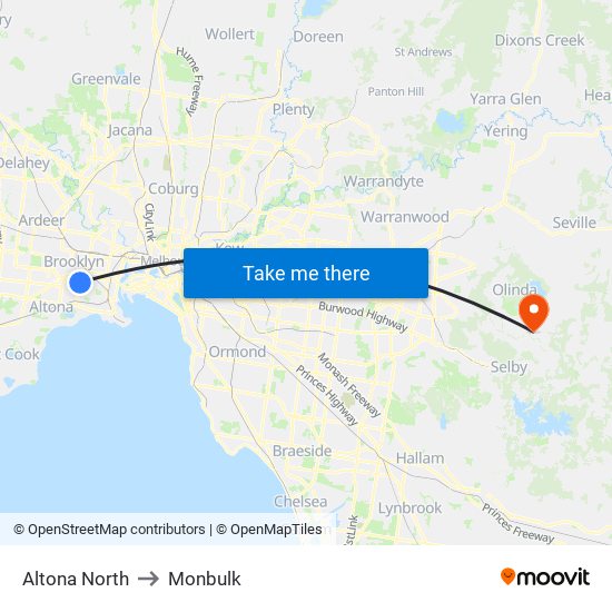 Altona North to Monbulk map