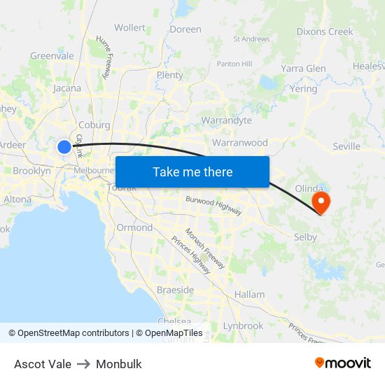 Ascot Vale to Monbulk map