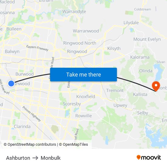 Ashburton to Monbulk map