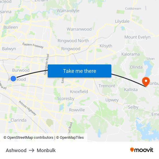 Ashwood to Monbulk map