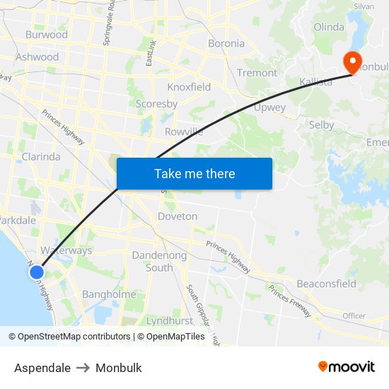 Aspendale to Monbulk map