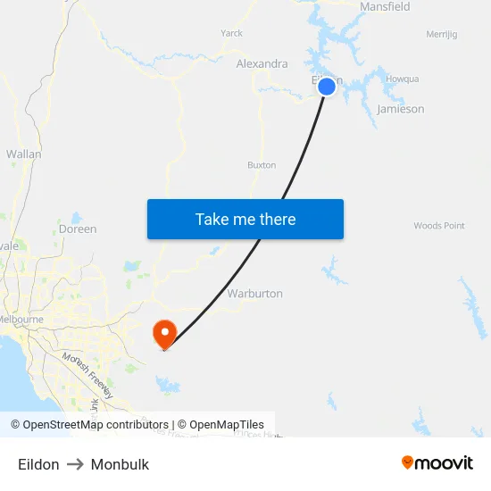 Eildon to Monbulk map