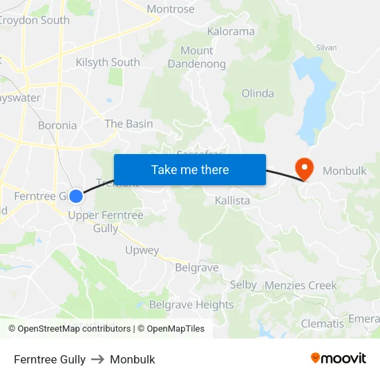 Ferntree Gully to Monbulk map